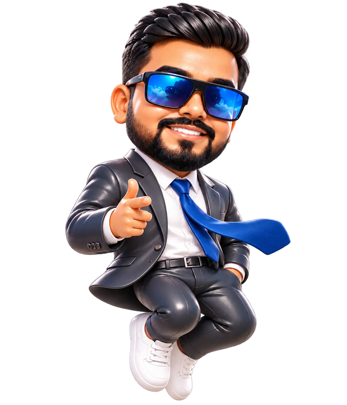 Illustrated 3D caricature portrait of Ashish Kumar Verma, performance marketer, in a suit and sunglasses giving a confident point