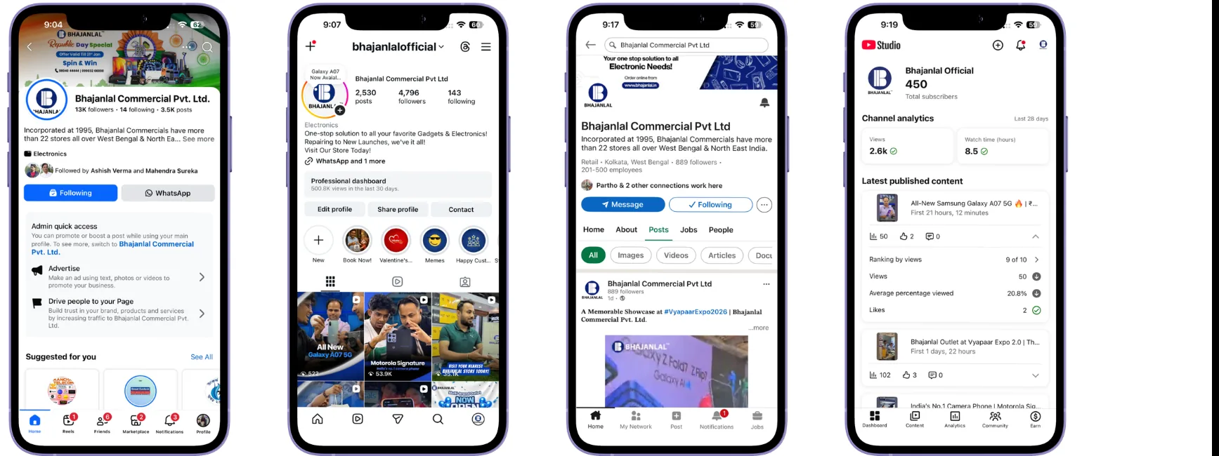 Bhajanlal Commercial's presence across Facebook, Instagram, LinkedIn, and YouTube