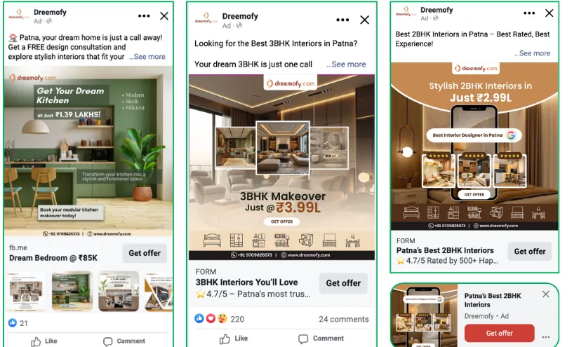 Three Meta ad creatives for Dreemofy Design: a modular kitchen offer, a 3BHK makeover package, and a 2BHK interiors promotion