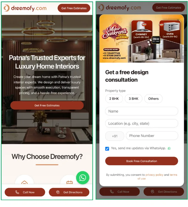 Dreemofy's Google Ads landing page: a hero section for Patna's trusted interior experts, and a lead-capture form for a free design consultation